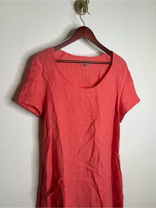 FLAX 100% Linen Coral Striped Scoop Neck Loose Fit Midi Dress