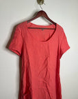 FLAX 100% Linen Coral Striped Scoop Neck Loose Fit Midi Dress