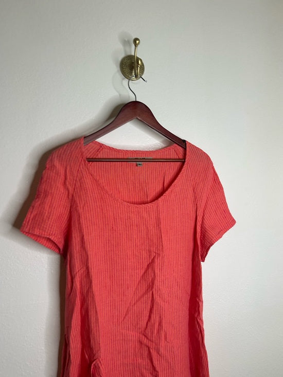 FLAX 100% Linen Coral Striped Scoop Neck Loose Fit Midi Dress