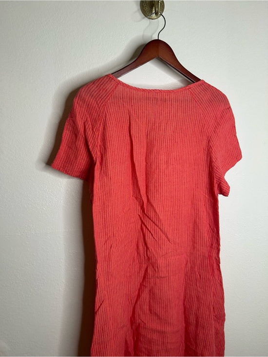 FLAX 100% Linen Coral Striped Scoop Neck Loose Fit Midi Dress