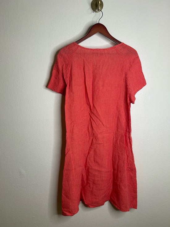 FLAX 100% Linen Coral Striped Scoop Neck Loose Fit Midi Dress