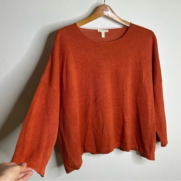 Eileen Fisher Eileen Fisher 100% Organic Linen Knit Pullover Slouchy Sweater Top Rust Orange - Linen