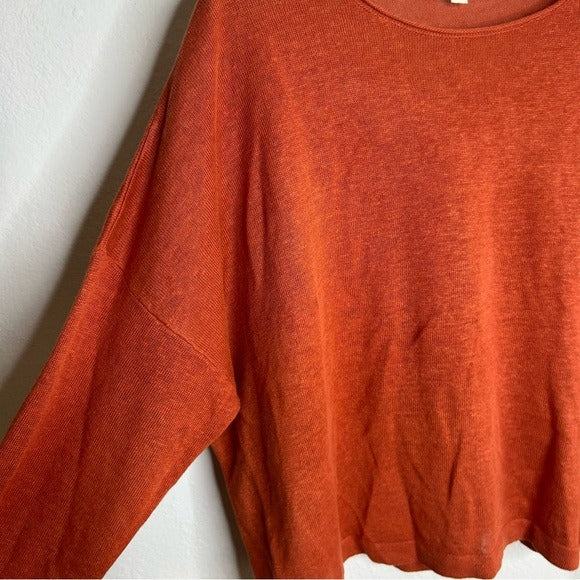 Eileen Fisher 100% Organic Linen Knit Pullover Slouchy Sweater Top Rust Orange