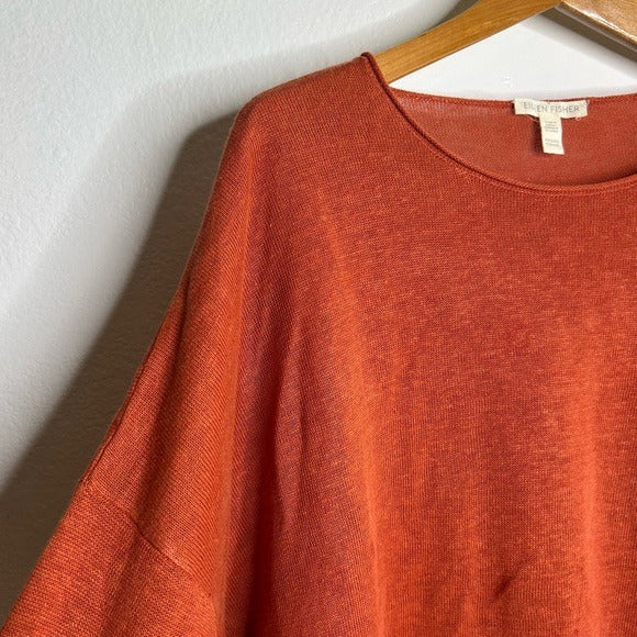 Eileen Fisher 100% Organic Linen Knit Pullover Slouchy Sweater Top Rust Orange