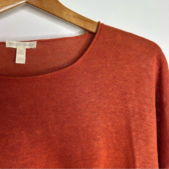 Eileen Fisher 100% Organic Linen Knit Pullover Slouchy Sweater Top Rust Orange