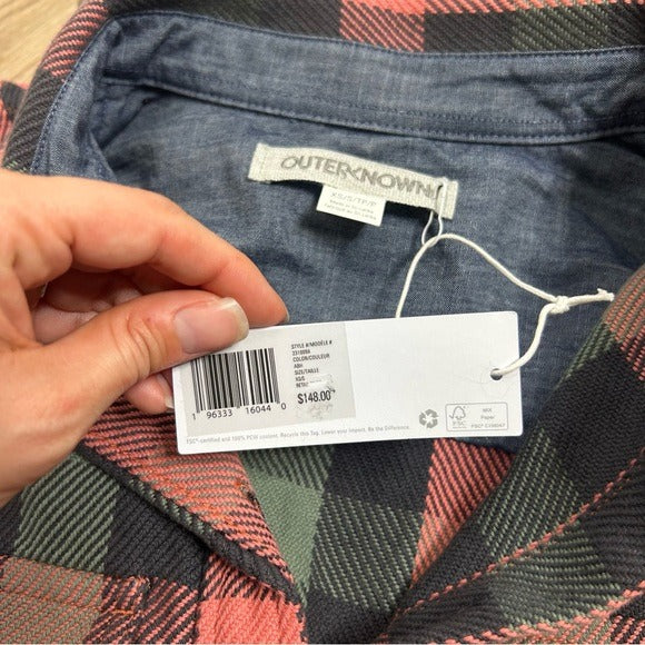 Outerknown 100% Organic Cotton Coral Blue Check Blanket Shirt Button Down
