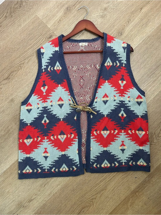 J. Peterman Cotton Linen Knit Aztec Southwestern Leather Tie Front Vest