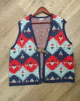J. Peterman Cotton Linen Knit Aztec Southwestern Leather Tie Front Vest