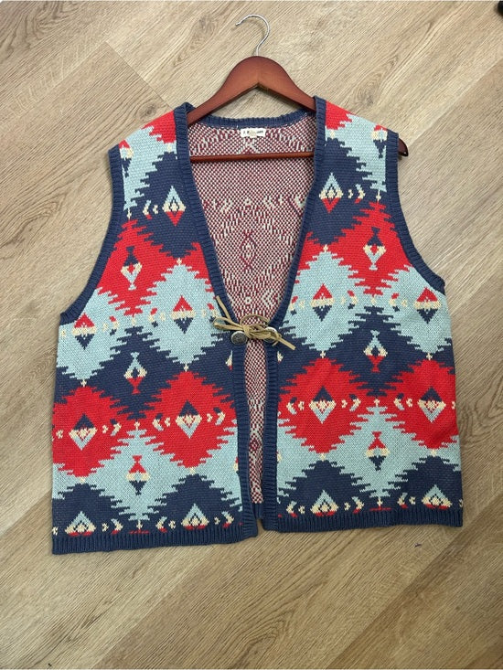 J. Peterman Cotton Linen Knit Aztec Southwestern Leather Tie Front Vest
