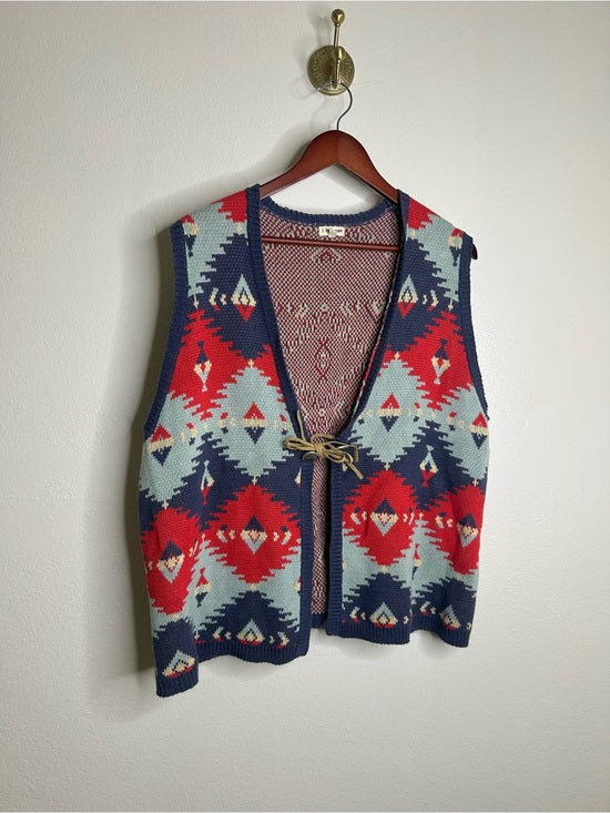 J. Peterman Cotton Linen Knit Aztec Southwestern Leather Tie Front Vest