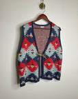 J. Peterman Cotton Linen Knit Aztec Southwestern Leather Tie Front Vest