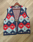 J. Peterman Cotton Linen Knit Aztec Southwestern Leather Tie Front Vest