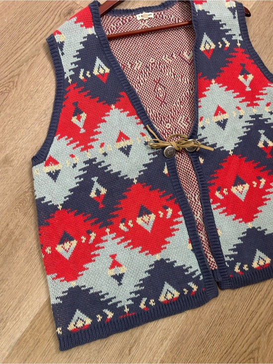 J. Peterman Cotton Linen Knit Aztec Southwestern Leather Tie Front Vest