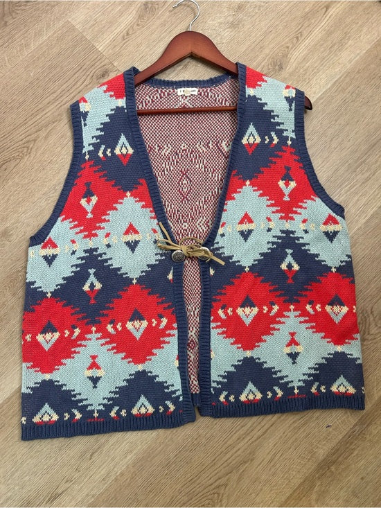 J. Peterman Cotton Linen Knit Aztec Southwestern Leather Tie Front Vest