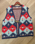 J. Peterman Cotton Linen Knit Aztec Southwestern Leather Tie Front Vest