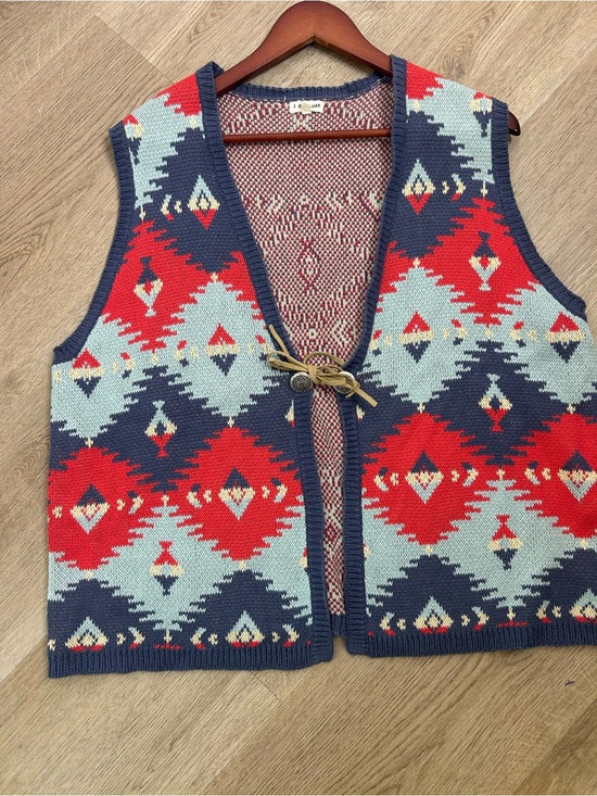 J. Peterman Cotton Linen Knit Aztec Southwestern Leather Tie Front Vest