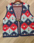 J. Peterman Cotton Linen Knit Aztec Southwestern Leather Tie Front Vest
