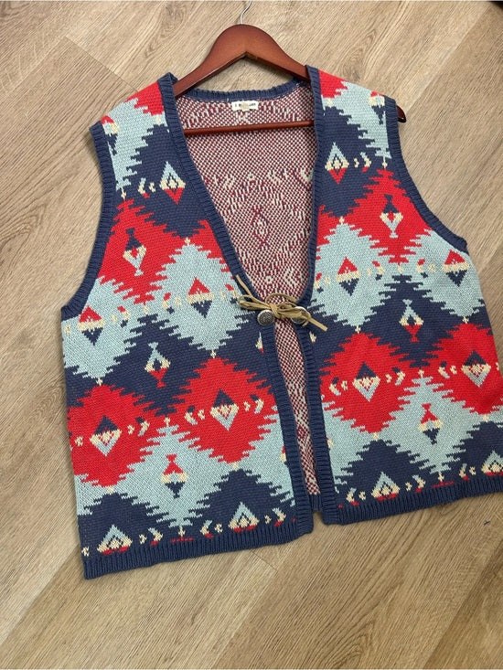 J. Peterman Cotton Linen Knit Aztec Southwestern Leather Tie Front Vest