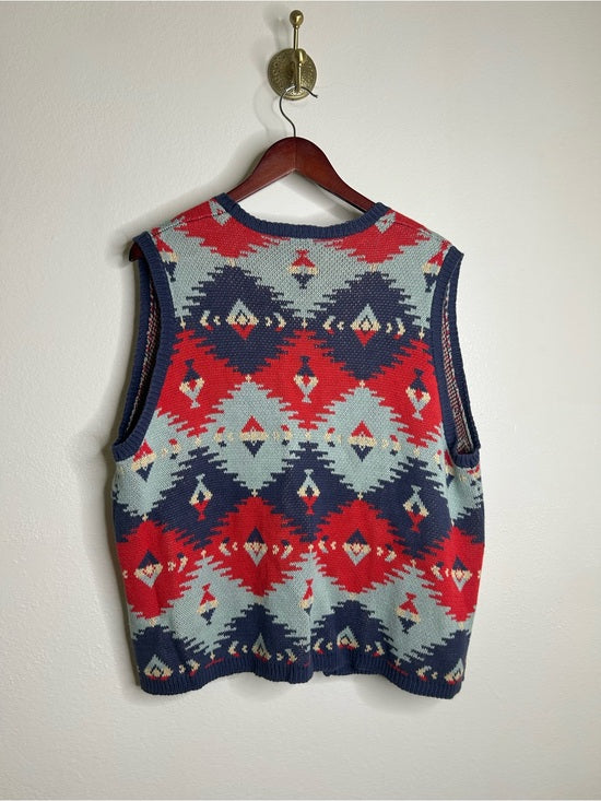 J. Peterman Cotton Linen Knit Aztec Southwestern Leather Tie Front Vest