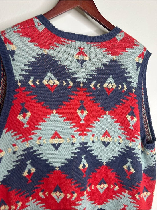 J. Peterman Cotton Linen Knit Aztec Southwestern Leather Tie Front Vest