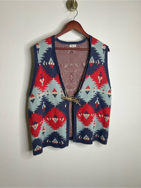 J. Peterman Cotton Linen Knit Aztec Southwestern Leather Tie Front Vest