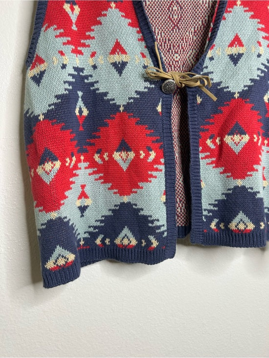 J. Peterman Cotton Linen Knit Aztec Southwestern Leather Tie Front Vest
