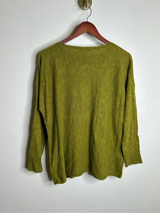 Eileen Fisher Organic Linen Cotton Green Knit Pullover Lightweight Sweater