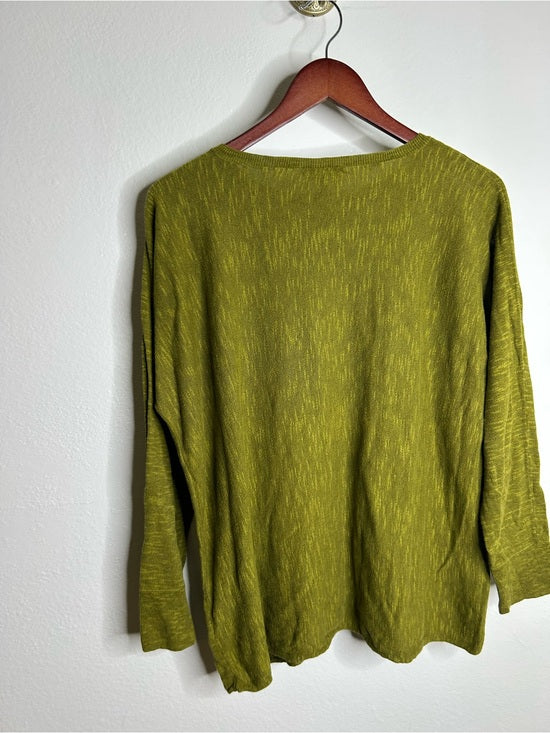 Eileen Fisher Organic Linen Cotton Green Knit Pullover Lightweight Sweater