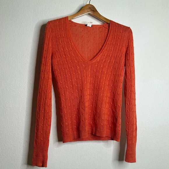 J. Crew 100% Linen Knit Orange Cable Knit V - Neck Sweater