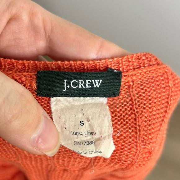J. Crew 100% Linen Knit Orange Cable Knit V - Neck Sweater