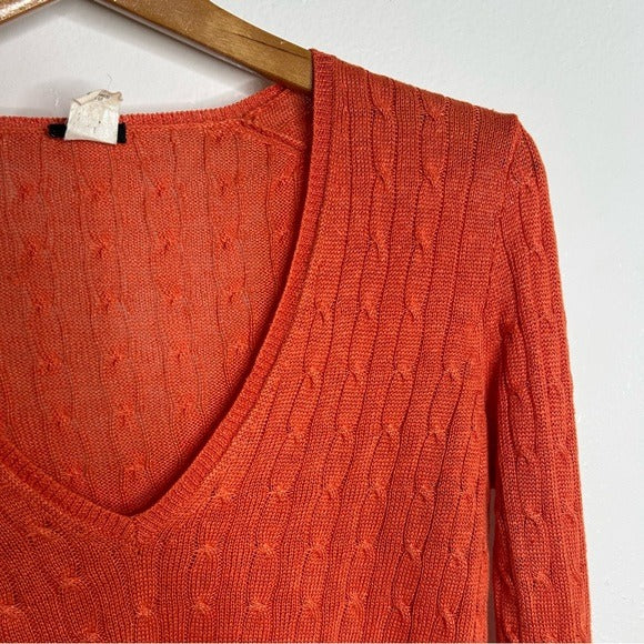 J. Crew 100% Linen Knit Orange Cable Knit V - Neck Sweater