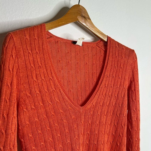 J. Crew 100% Linen Knit Orange Cable Knit V - Neck Sweater