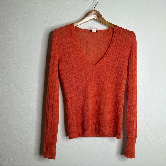 J. Crew 100% Linen Knit Orange Cable Knit V - Neck Sweater