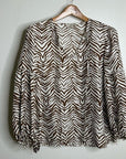 Lafayette 148 100% Silk Brown Animal Print Ruched Sleeve Blouse