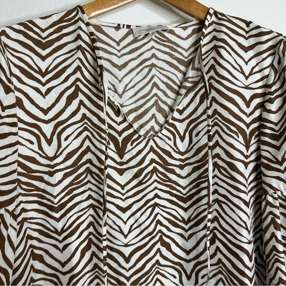 Lafayette 148 100% Silk Brown Animal Print Ruched Sleeve Blouse