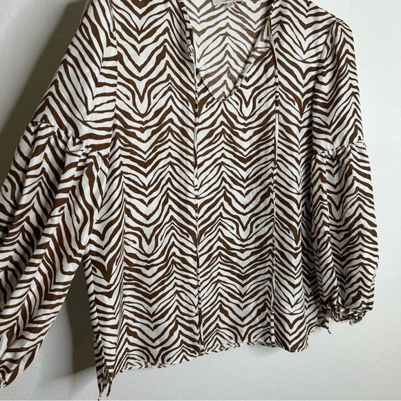 Lafayette 148 100% Silk Brown Animal Print Ruched Sleeve Blouse