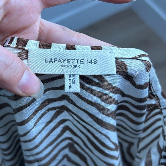 Lafayette 148 100% Silk Brown Animal Print Ruched Sleeve Blouse