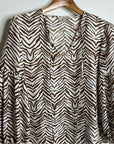 Lafayette 148 100% Silk Brown Animal Print Ruched Sleeve Blouse