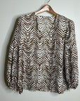 Lafayette 148 100% Silk Brown Animal Print Ruched Sleeve Blouse