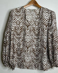Lafayette 148 100% Silk Brown Animal Print Ruched Sleeve Blouse