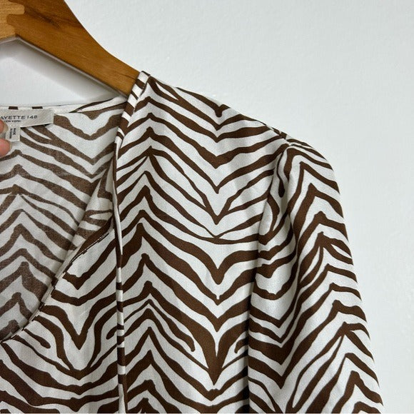 Lafayette 148 100% Silk Brown Animal Print Ruched Sleeve Blouse