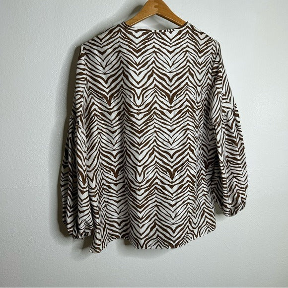 Lafayette 148 100% Silk Brown Animal Print Ruched Sleeve Blouse