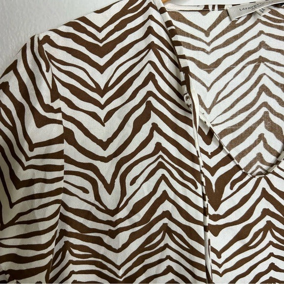 Lafayette 148 100% Silk Brown Animal Print Ruched Sleeve Blouse