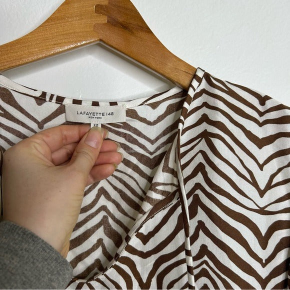 Lafayette 148 100% Silk Brown Animal Print Ruched Sleeve Blouse