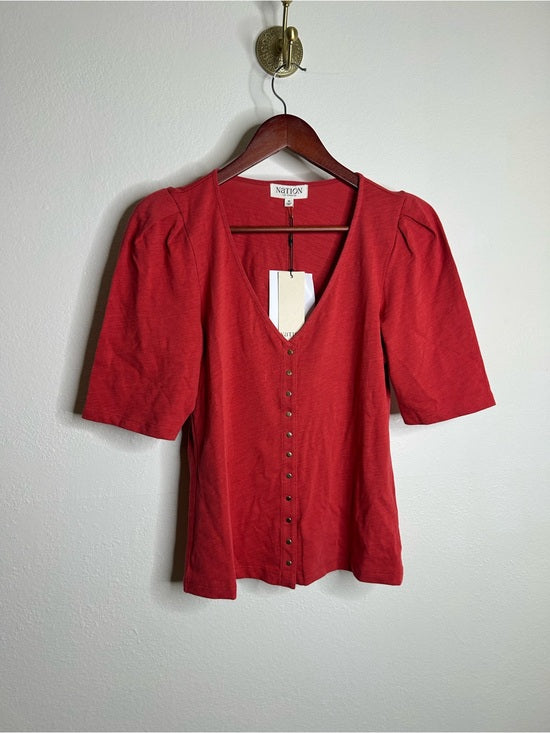 Nation LTD Nation LA 100% Cotton Jen Button Down Puff Sleeve Top in Red Gold Button - Cotton