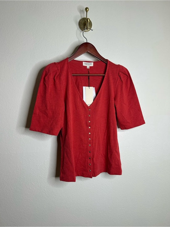 Nation LTD Nation LA 100% Cotton Jen Button Down Puff Sleeve Top in Red Gold Button - Cotton