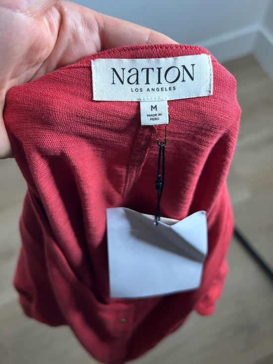 Nation LA 100% Cotton Jen Button Down Puff Sleeve Top in Red Gold Button