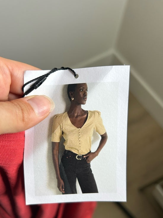 Nation LA 100% Cotton Jen Button Down Puff Sleeve Top in Red Gold Button