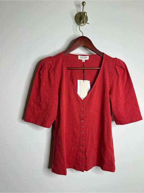 Nation LTD Nation LA 100% Cotton Jen Button Down Puff Sleeve Top in Red Gold Button - Cotton