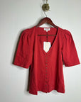 Nation LA 100% Cotton Jen Button Down Puff Sleeve Top in Red Gold Button